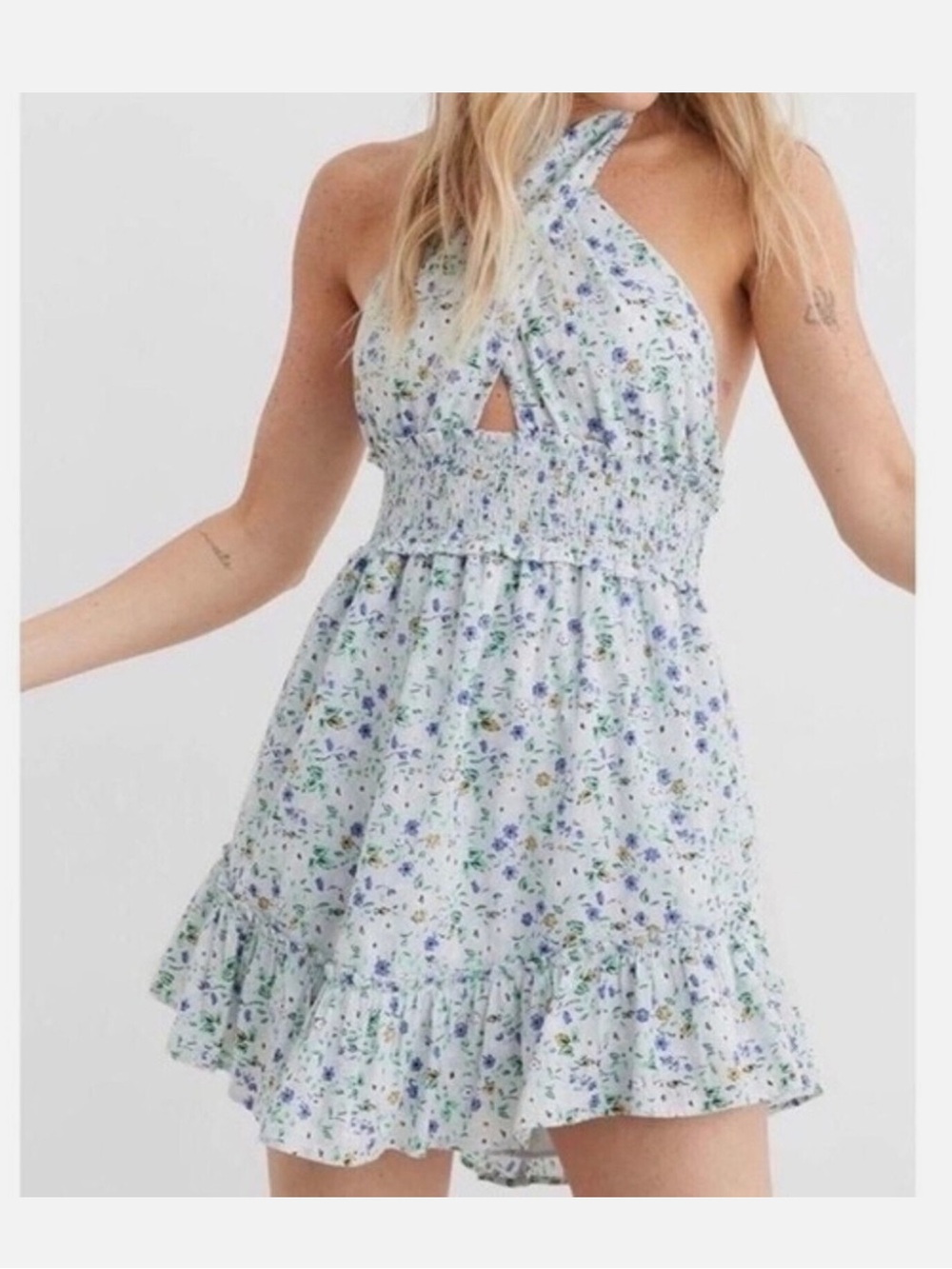 aerie Spring Fling Light Blue Floral Halter Mini Romantic Dress 100% Cotton